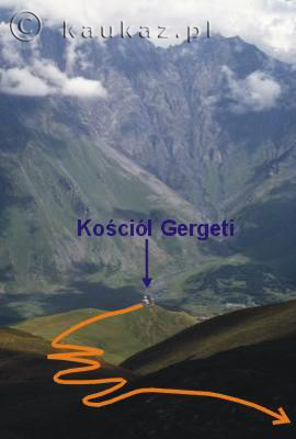 Odcinek midzy kocioem Gergeti a kamienist przecz (2920 m n.p.m.). Widok z przeczy.