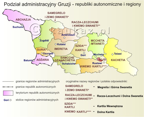 Gruzja, Mapa regionw administracyjnych - podzia administracyjny Gruzji